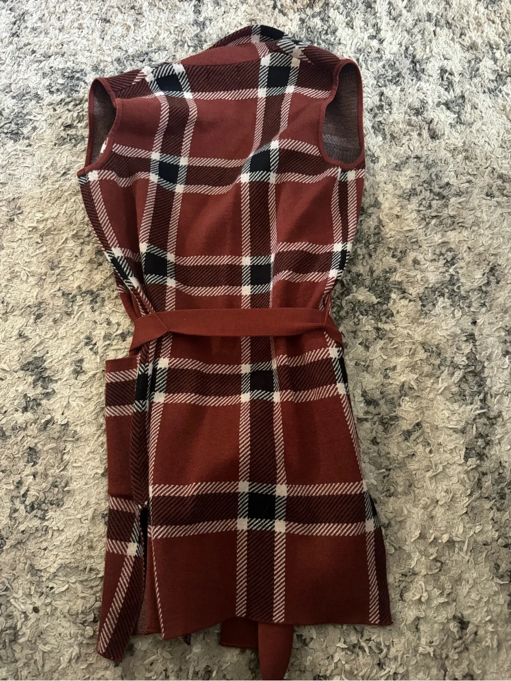 Adrienne Vittadini Rust Plaid Sleeveless Tie-Waist Cardigan